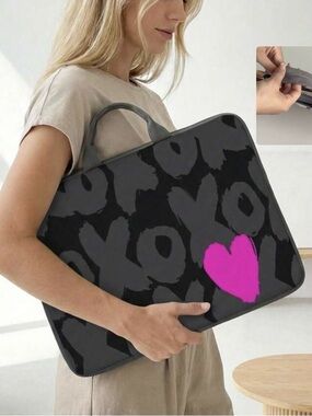 Women’s Black Patterned Laptop Tote with Pink Heart